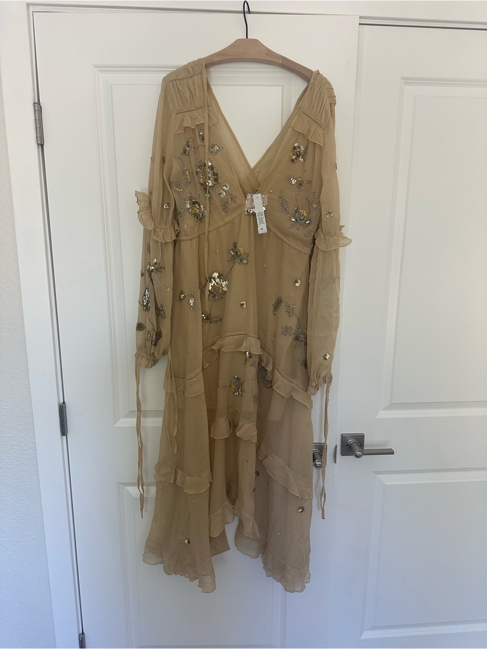 ASOS Beige Beaded V-Neck Layered Chiffon Maxi Dress